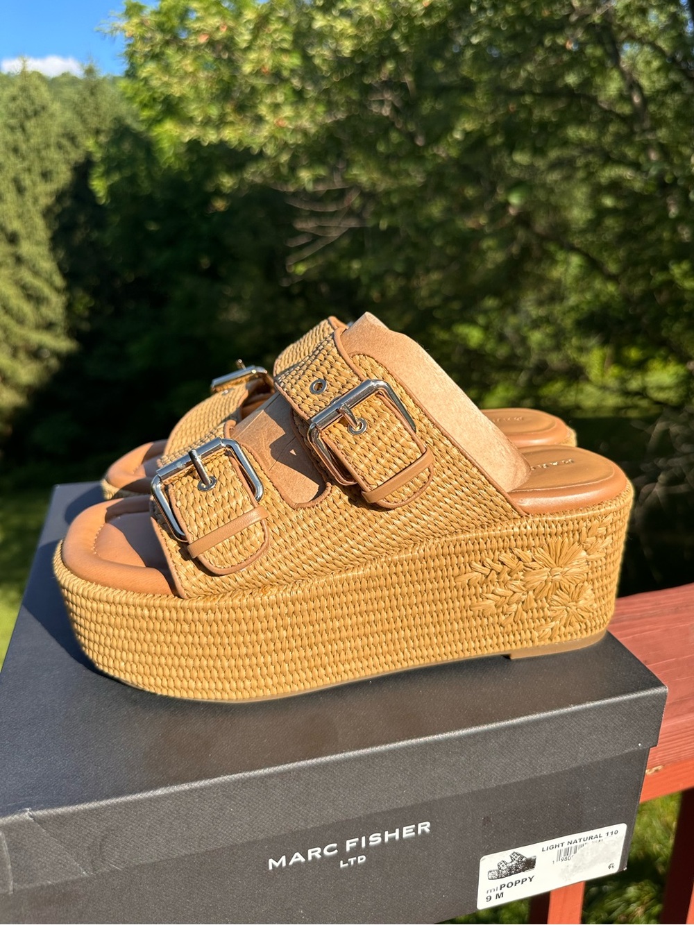NIB! Marc Fisher Poppy Tan Woven Double-Buckle Platform Sandals